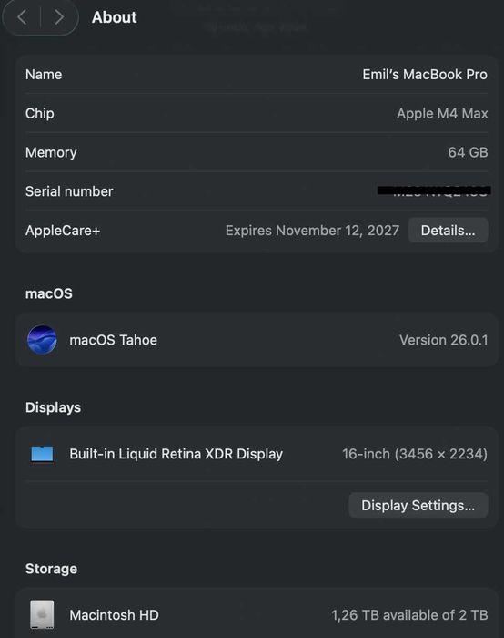 MacBook Pro 16" M4 Max 16‑core CPU/64GB RAM/2TB SSD/AppleCare+