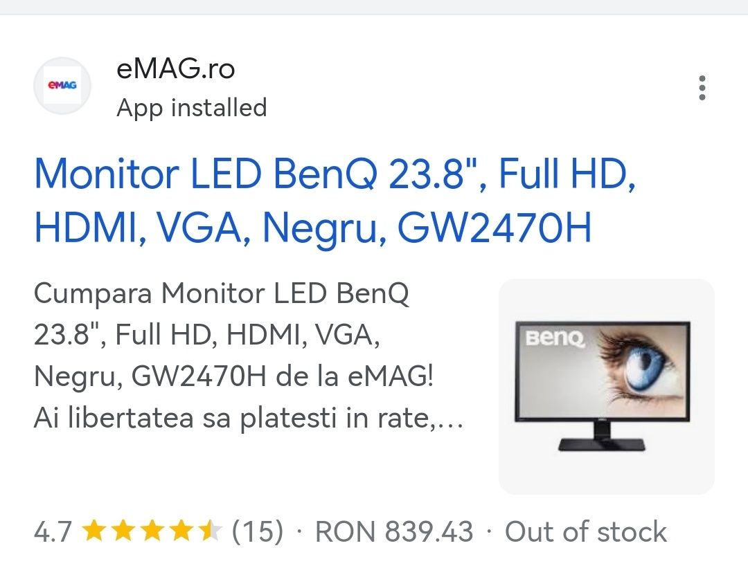 Monitor LED | BenQ GW2470H | 23.8", Full HD, 60 Hz, HDMI | Negru