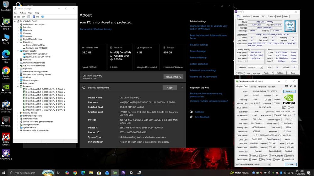 Laptop Gaming Acer Predator/ i7-7700HQ/ GTX 1050Ti/ 32 Gb Ram /SSD