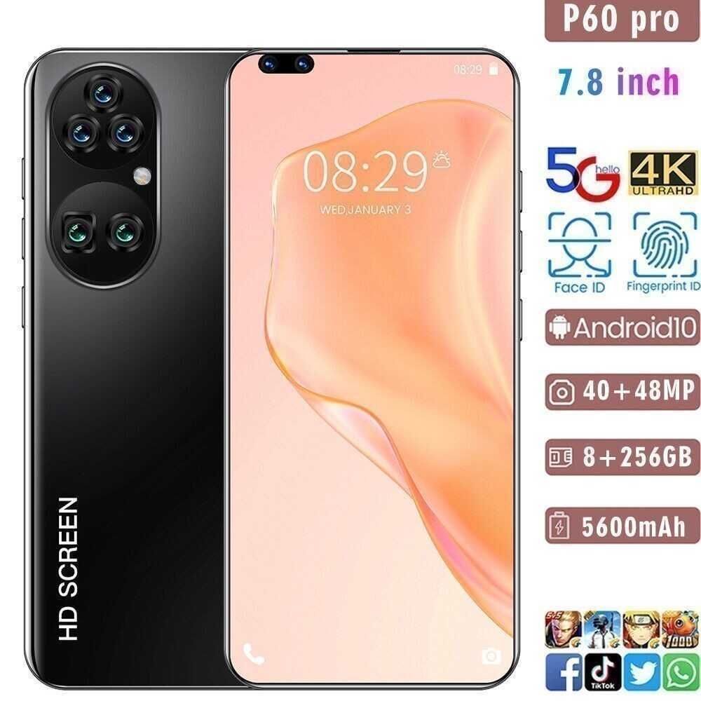 Смартфон P60Pro, 7.8", 48MP, 5600 mAh, 256GB, 8GB RAM, Черен