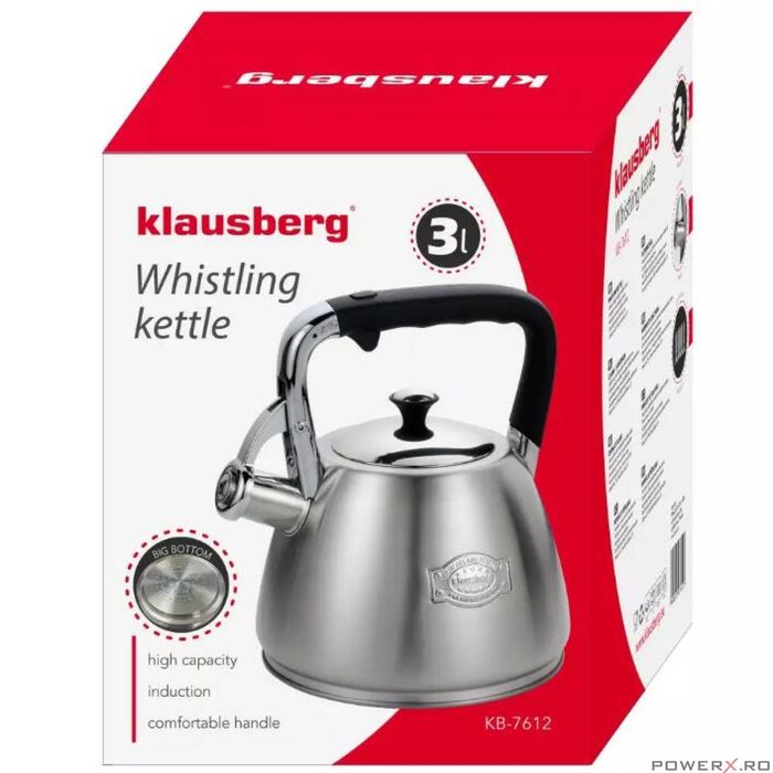 Fierbator argintiu cu fluier, aluminiu, 3L, ceainic, Klausberg