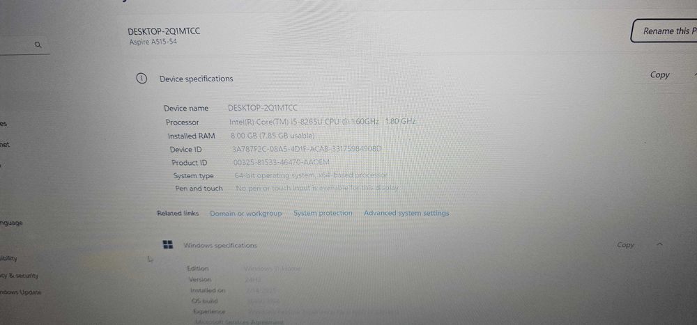 laptop Acer Aspire A515-54 N18Q13  Core i5-8265U. 1.6GHz