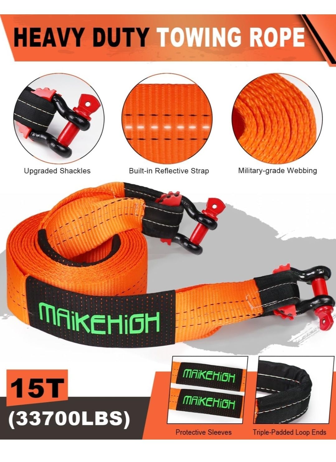 Sufă Tractare Chingă 15 Tone Recovery 15T HEAVY DUTY TOWING STRAP Nouă