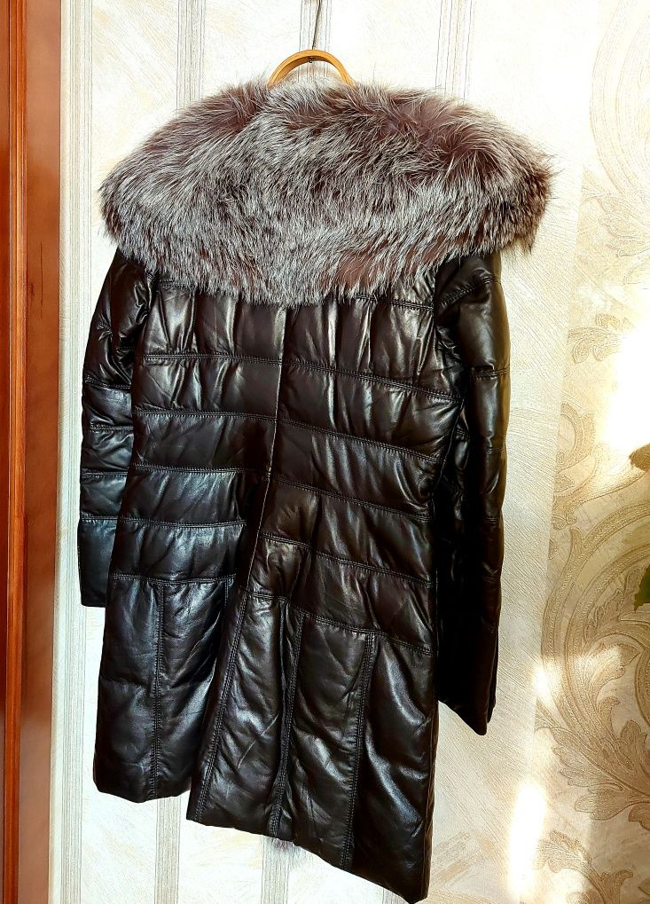 Кожаный пуховик, пальто, куртка. 46-48 размер.