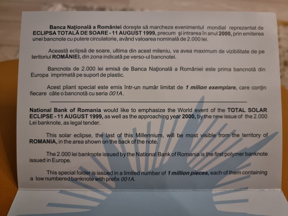 2000 de lei an 1999 ( seria 001A) cea mai rara bancnota de la Eclipsa