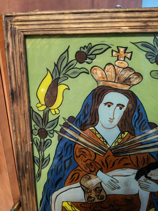 Icoana catolica poloneza veche, pictata pe sticla