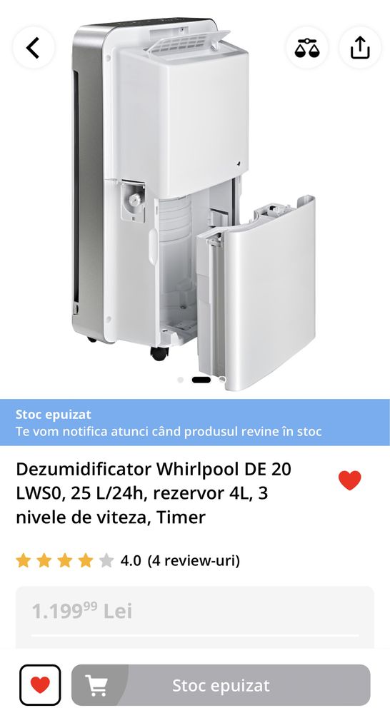 Dezumidificator Whirlpool DE 20 LWS0, 25 L/24h, rezervor 4L