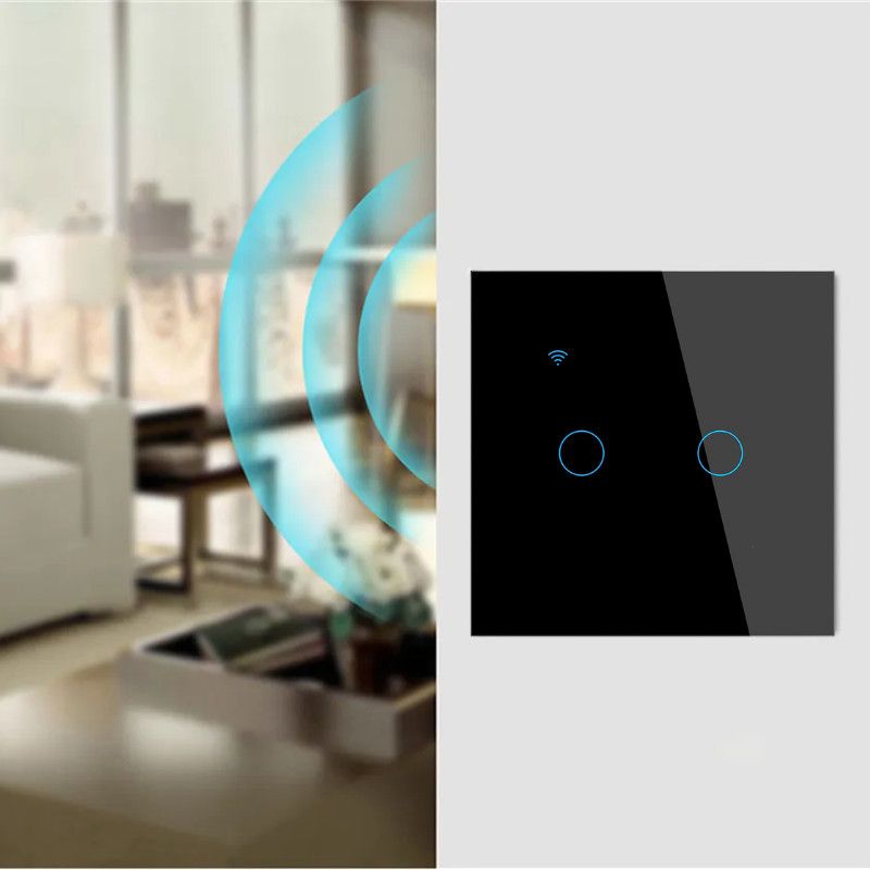 Intrerupator smart touch iUni 2F, Wi-Fi, Sticla securizata, LED, Black