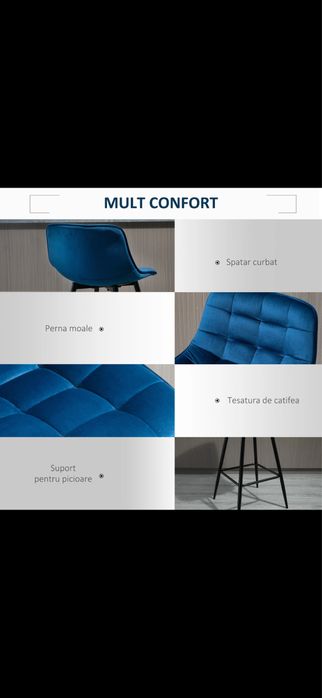 Set 2 scaune de bar moderne, catifea, culoare albastru velvet