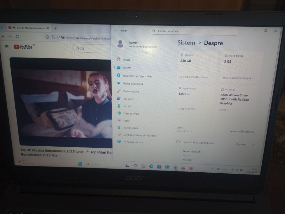 Acer Aspire 3 slim, 8 gb ram,SSD 250gb, video dedicat 2 gb, baterie ok