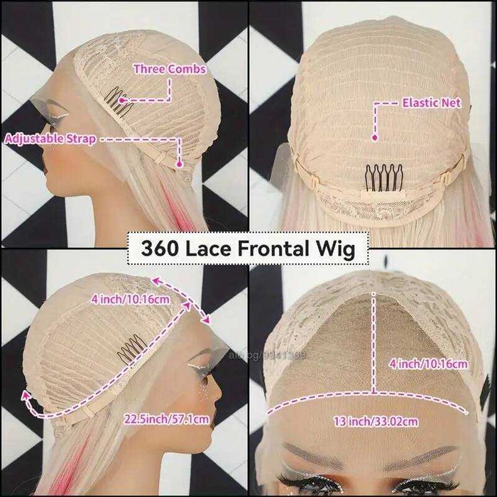 Лейс фонт права руса перука два цвята с розови краища