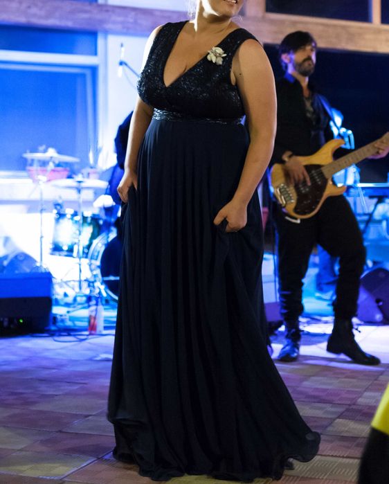 Rochie ocazie bleumarin, voal si paiete, 42