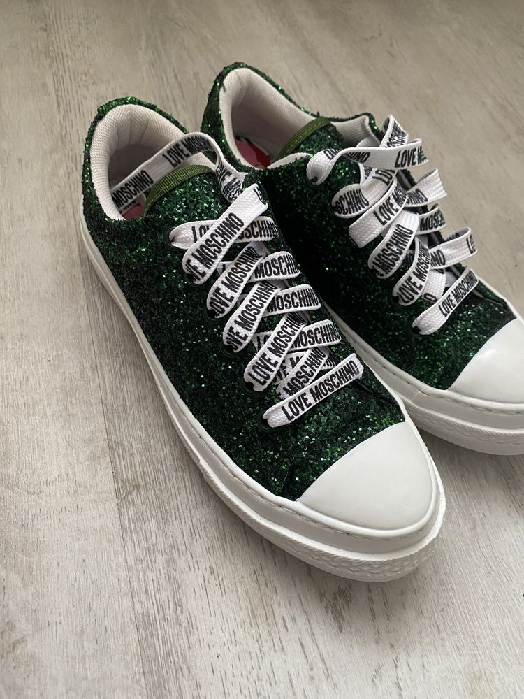 Love Moschino green glitter sneakers