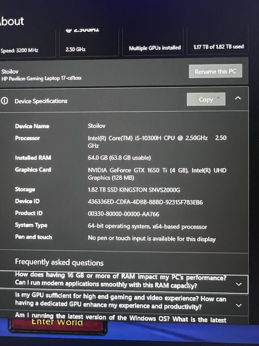 Laptop / лаптоп HP pavilion 17.3”