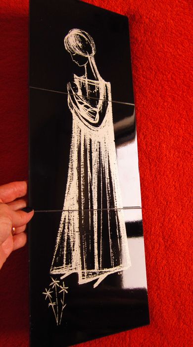 Craciun cadou rar  Maria cu pruncul  MidCentury stilizat pictat semnat