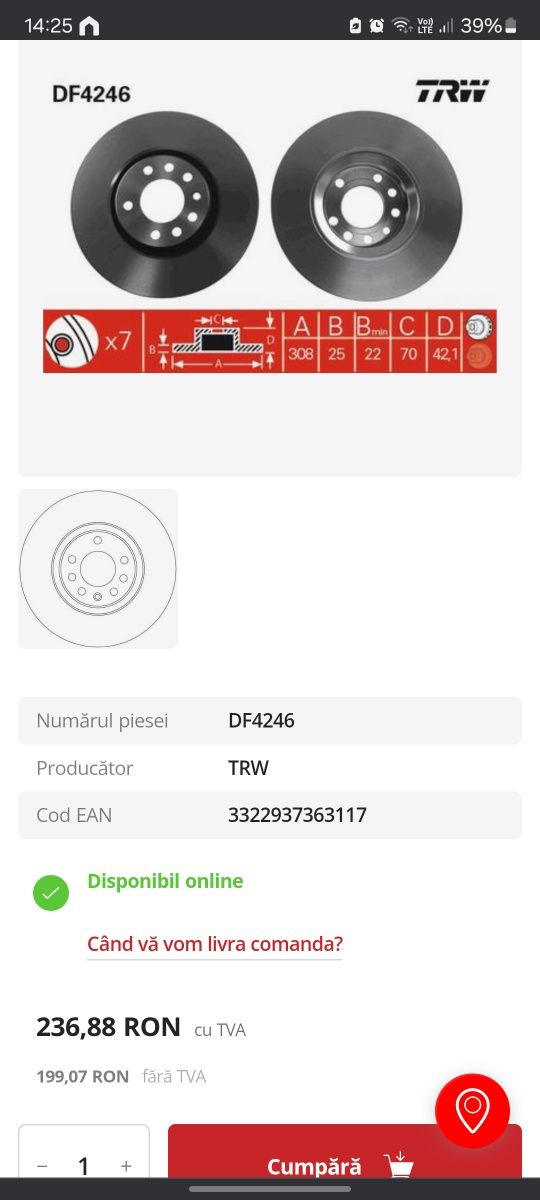 Discuri de frana Opel zafira b trw