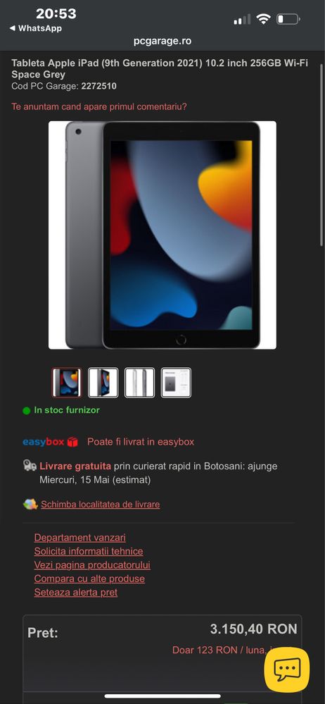 Tableta Apple iPad (9, 2021) 256 GB 10.2 inch + garanție