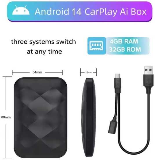 Android auto, CarPlay, Ai Box cu Android 14 Wireless  USB Adapter 3In1