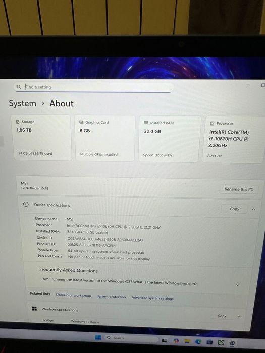 Laptop Gaming MSI GE76 10UG , RTX 3070 , I7 , Impecabil ca nou !