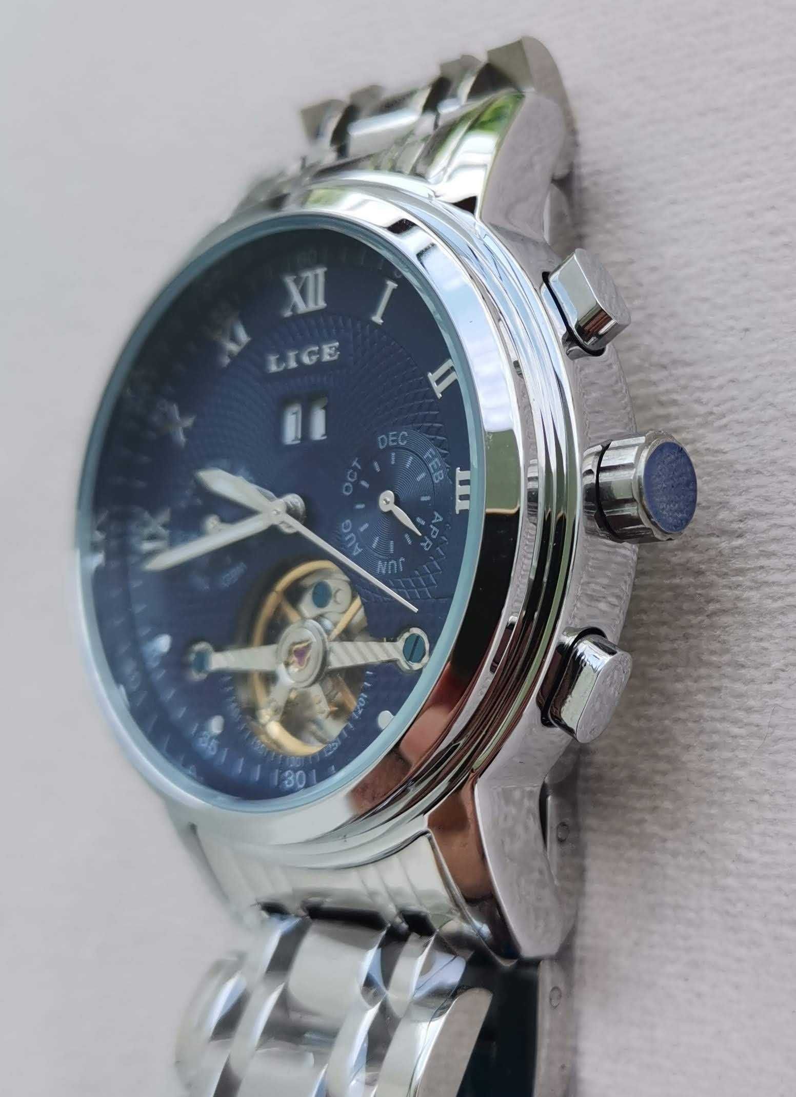 LIGE Silver Blue LG9841 Луксозен мъжки автоматичен механичен часовник
