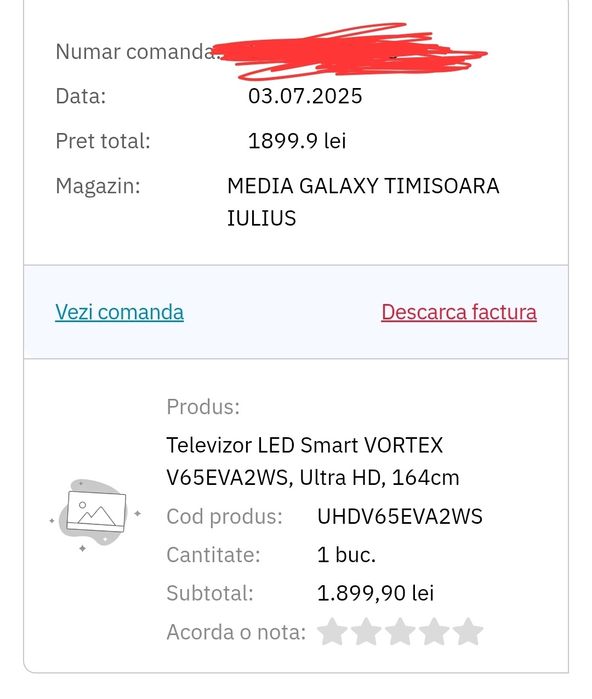 Smart TV Vortex 164cm UltraHD aproape nou!!!