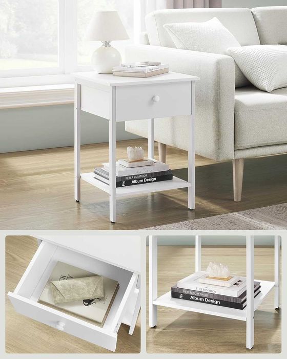 Noptiera alb mat Vasagle, 40 × 40 × 55 cm, sertar + raft