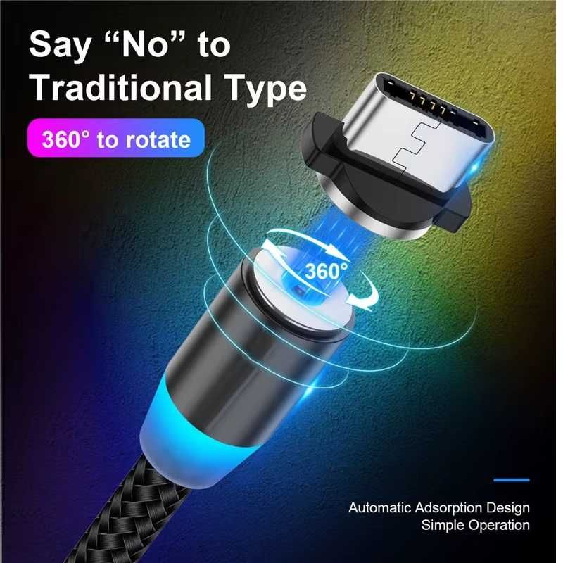 USB магнитен 2м кабел за бързо зареждане iPhone microUSB Type-C букса