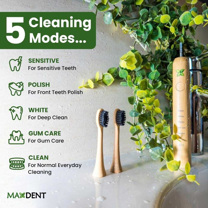 Акумулаторна електрическа четка за зъби Maxdent от бамбук, 3 глави