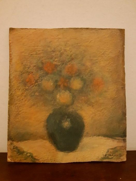 Стара маслена картина ''Натюрморт Ваза с цветя' на художника Н. Илиев