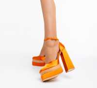 Pantofi damă portocalii cu toc din material textil