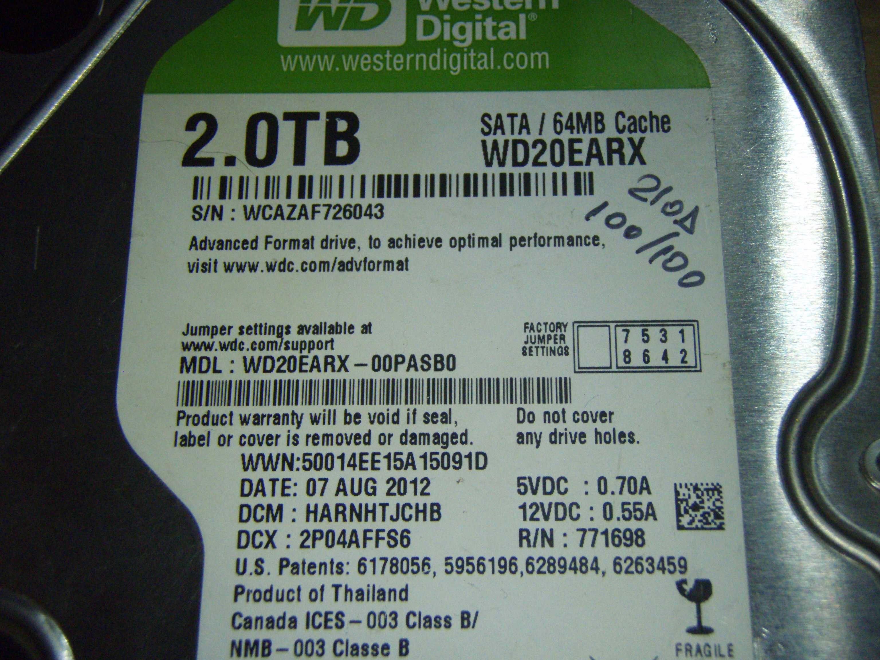 HDD desktop SATA (3.5") WD 2Tb la 7200 rpm 64 Mb cache model: WD20EARX