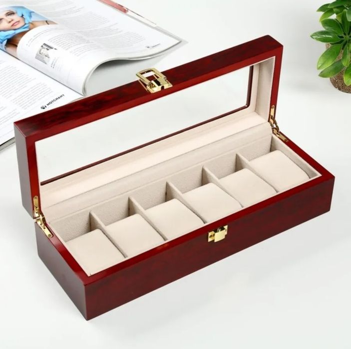 Шкатулка для часов и украшений 6 отделений Красно-коричневая дерево