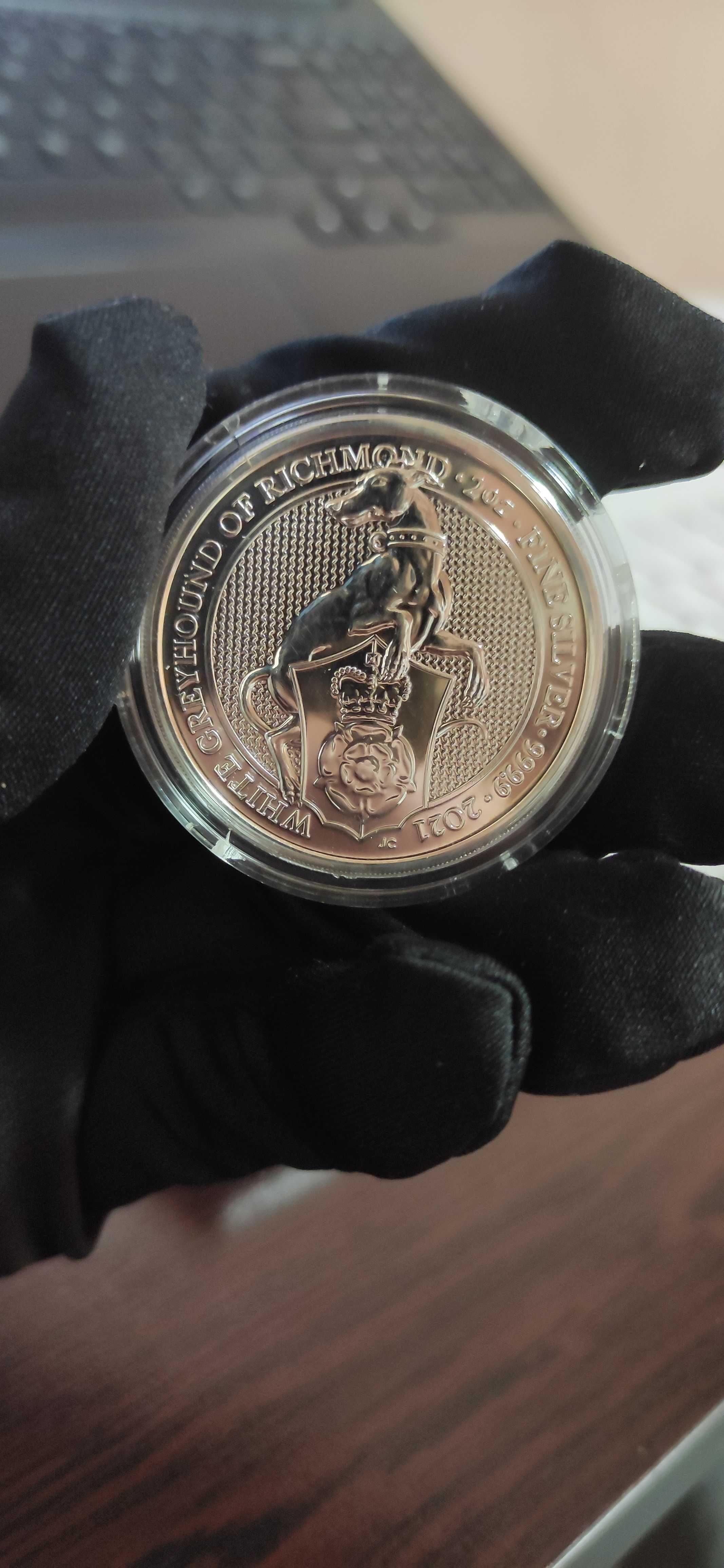Сребърна монета 2 oz Зверовете на Кралицата: Бялата хрътка на Ричмънд.