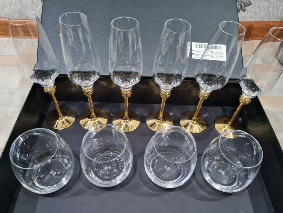 Фужеры для шампанского с позолоченными ножками и для воды/виски Цептер