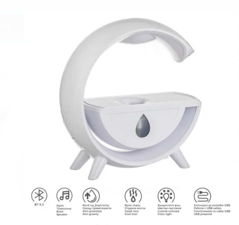 Led лампа с овлажнител дифузер с тонколона и Bluetooth 23х23х8 см.USB
