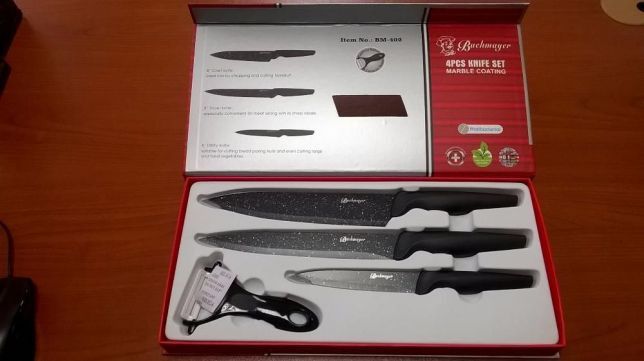 Комплект 3 ножа + керамична белачка в кутия, Bachmayer BM 402, Мраморн