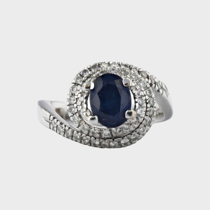 Inel din aur alb 18k cu safir si diamante - cod 349