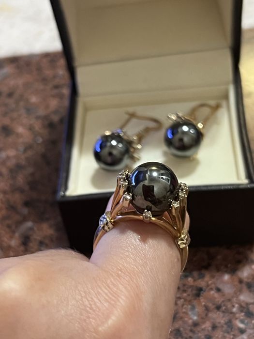 Золото 585* Гематит и бриллианты.Комплект "Чёрный жемчуг"