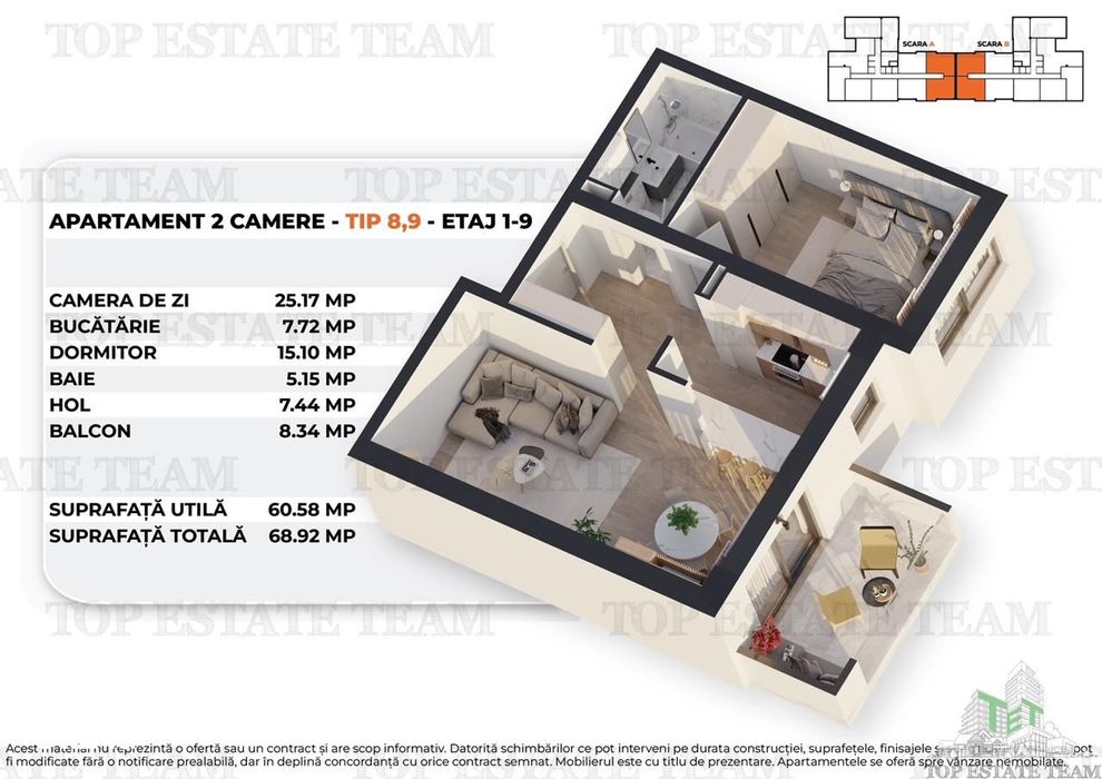 Apartament 2 camere intr-un bloc nou, modern, 61mp utili + balcon,  la