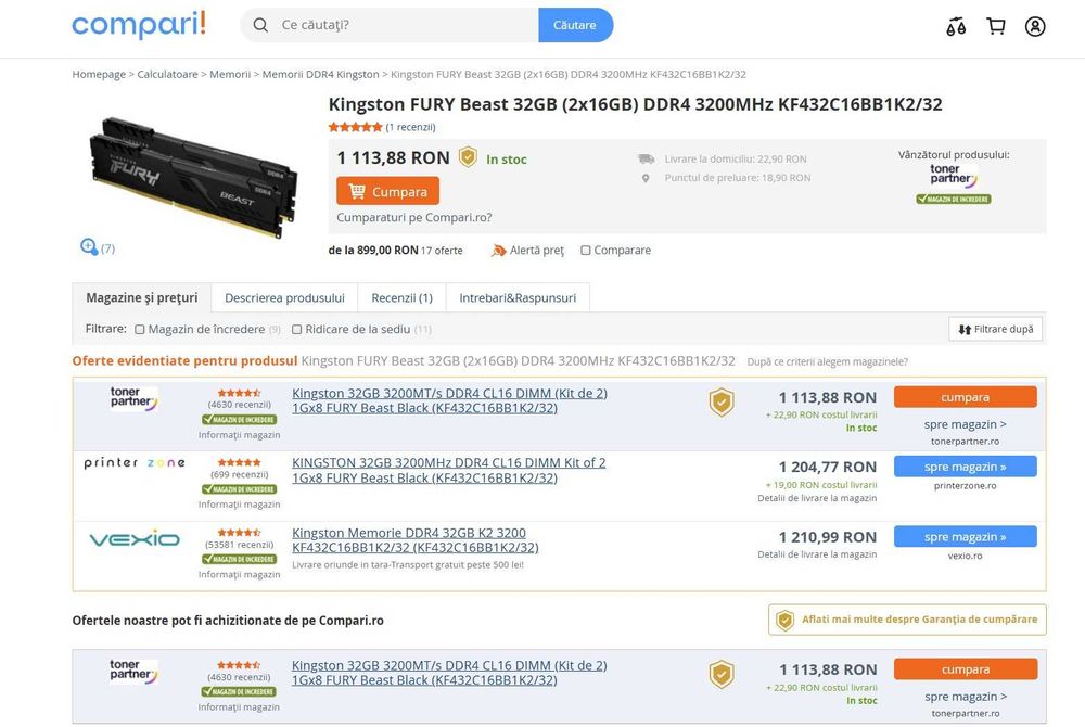 Memorie 32GB DDR4 K2 3200 Kingston KF432C16BB1K2/32 nou