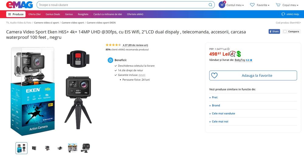 Camera Video Sport Eken H6S+ 4k+ 14MP UHD, baterie suplimentara + 16GB