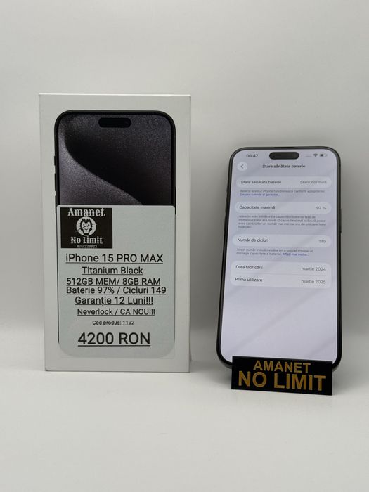 iPhone 15 Pro Max Titanium Black 512GB Ca Nou,Garantie 1An Folie Cadou