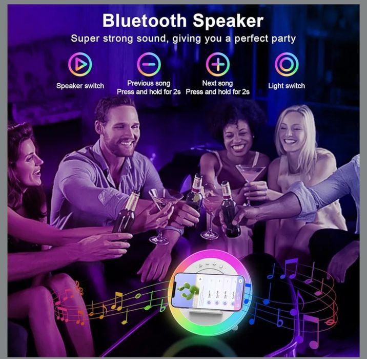 Нощна лампа Bluetooth високоговорител със светлина, безжично зарядно,