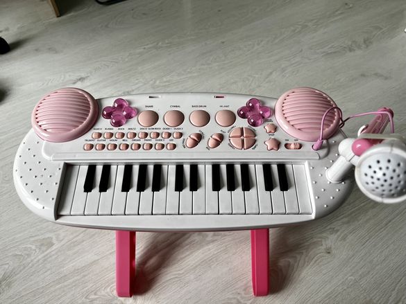 Розово детско пиано 2в1 със столче и микрофон
