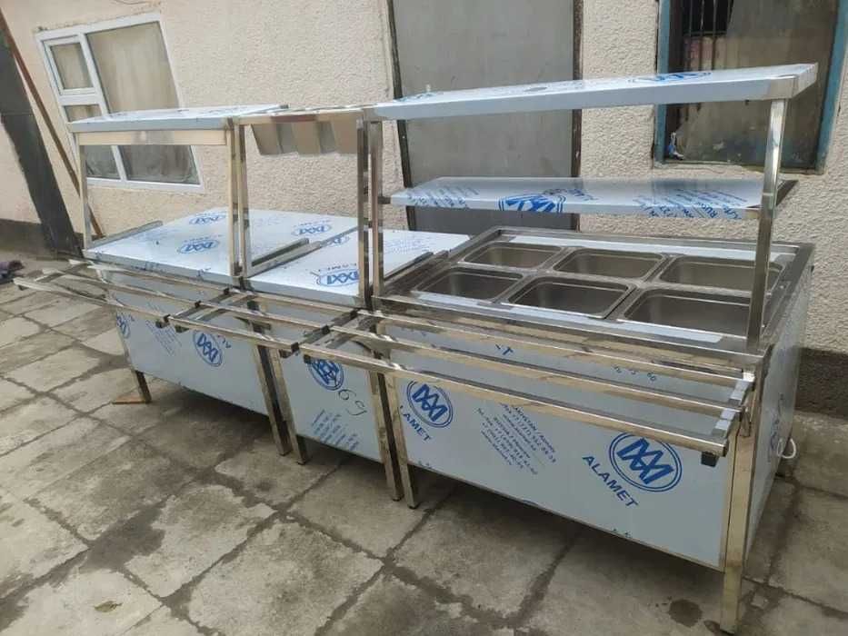 Линии раздачи, столы, стеллажи, мойки изготовлене на любой размер
