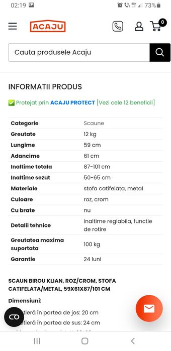 Scaun birou catifea roz pudra