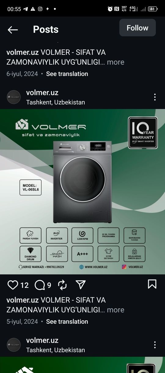 Volmer Kir yuvish mashinasi invertir kafolati 10 yil
