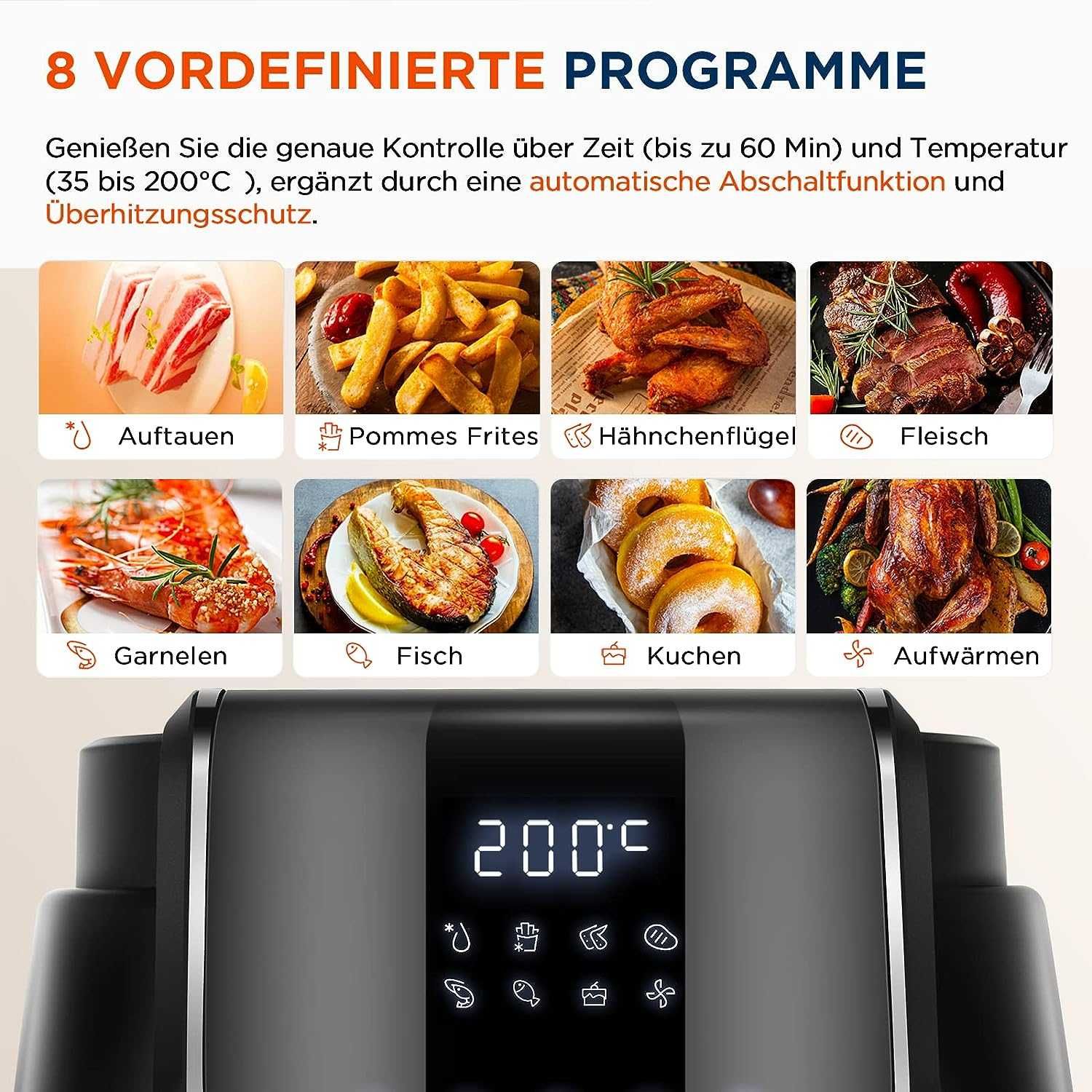 Фритюрник с горещ въздух Midea, 4л., 1500W, 8 програми, НОВО