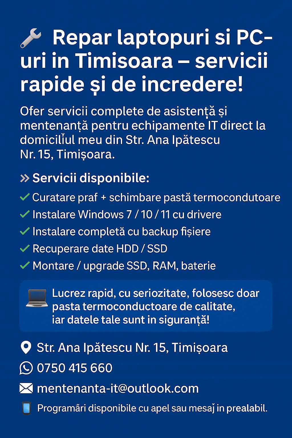 Instalare Windows 7 / 10 / 11 si mentenanta pentru echipamente IT