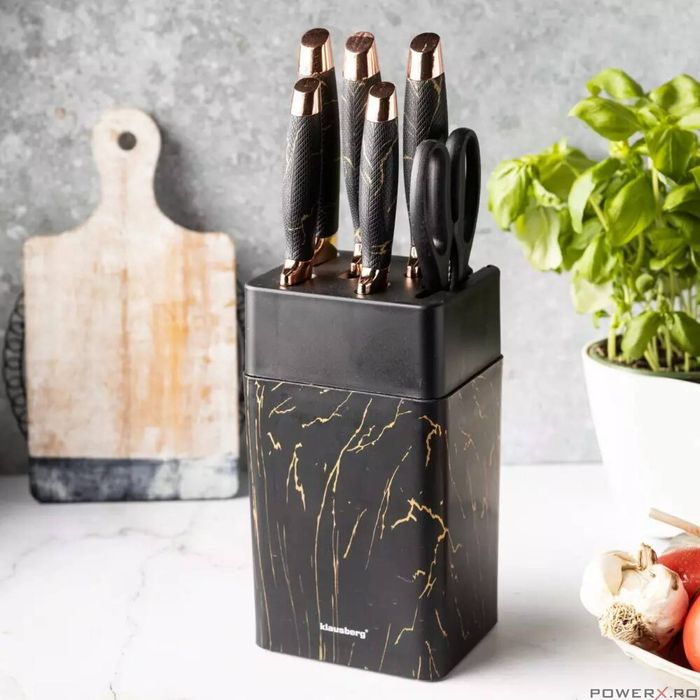 Cutite de bucatarie cu suport, set de 7 piese, model negru, Klausberg